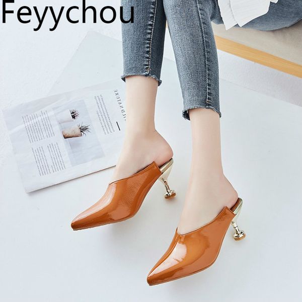 

women's pumps mules high heels spring autumn patent leather pointed toe slip on 2019 new fashion casual black big size34-43, Black;white