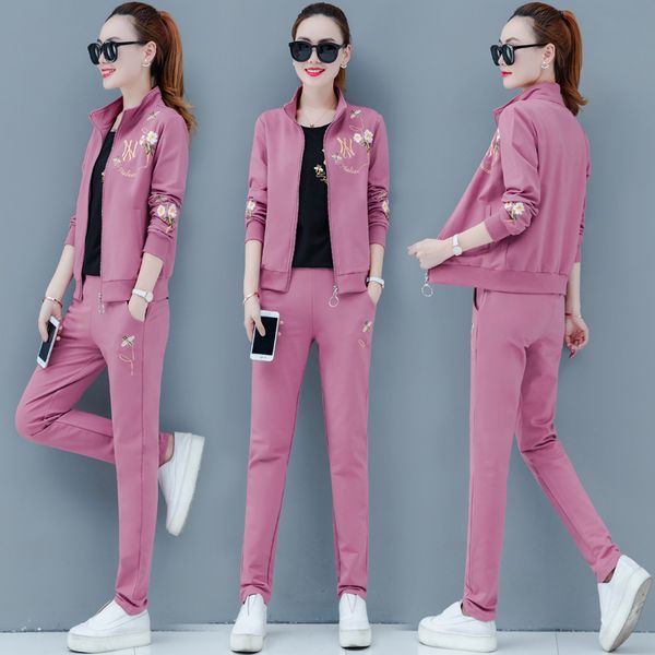 

women sport suit tracksuit spring emroidery zip up jacket sweatshirt+sweatpant+coat casual jogger running outfits set sportswear, Black;blue