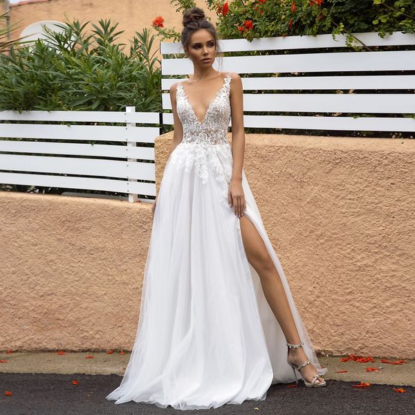 

a line boho wedding dresses high slit lace backless beach berta bridal dresses 2020 sleeveless tulle bohemain wedding dress cheap, White