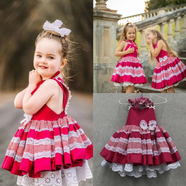 Estilo Pastoral 2020 Flores Vestidos Para O Casamento Renda Cetim Vermelho uma linha crianças formais usar joelho comprimento Meninas Multicamadas Vestido de concurso