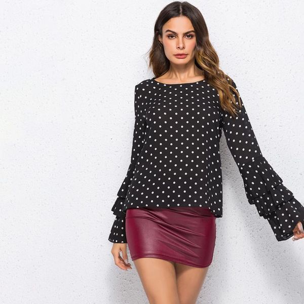 

women shirts polka dot ruffle blouses long sleeves o-neck elegant ladies casual office shirt female tunics plus size 5xl, White