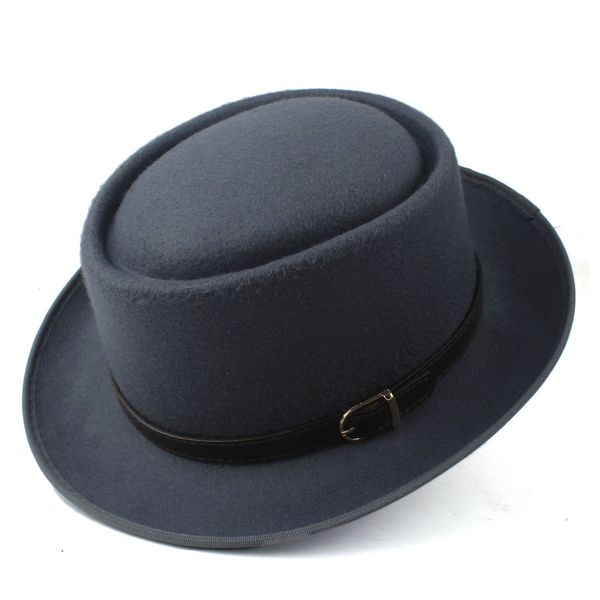 

wool pork pie hat for women men with fashion leather for dad wool flat fedora hat for lady gambler trilby fascinator hat, Blue;gray