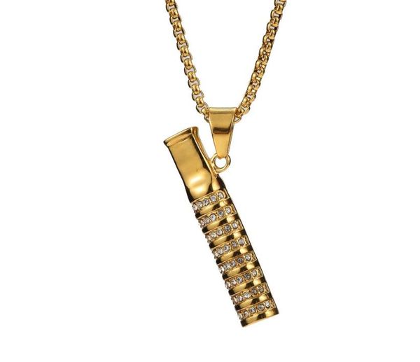 

men's cigarette holder pipe pendant necklace stainless steel hip hop gold color crystal chain necklace for men women, Silver