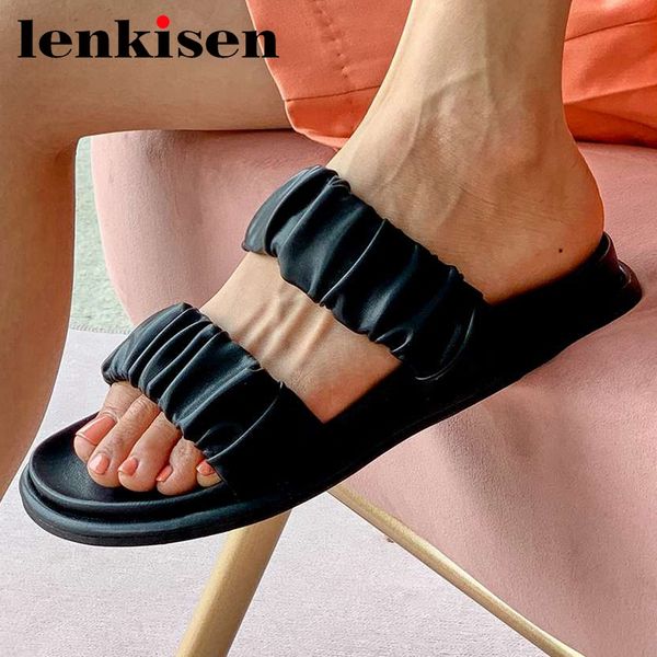 

lenkisen 2020 new arrival outside slipper round peep toe low heel pleated solid young lady streetwear convenient women shoes l11, Black