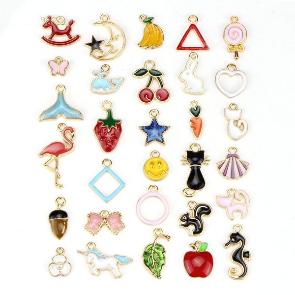 

30pcs/set animals fruit cat leaf mixed enamel beads strawberry cherry horse moon star pendants charms craft diy jewelry findings, Bronze;silver