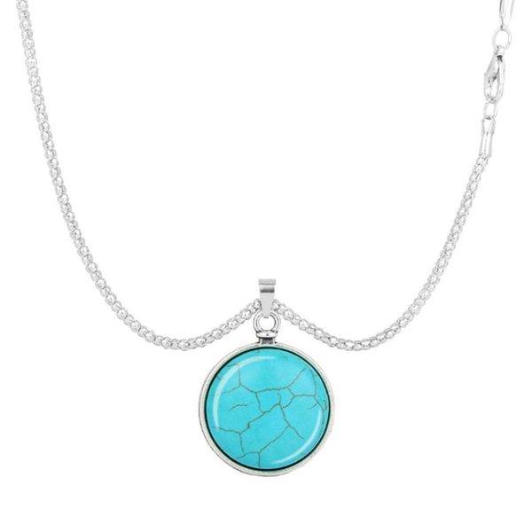 

silver plated alloy round green turquoises stone pendant link chain necklace ethnic style jewelry