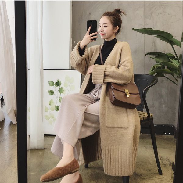

2019 autumn new sweater women fashion simple solid color loose comfort long casual sweater, White