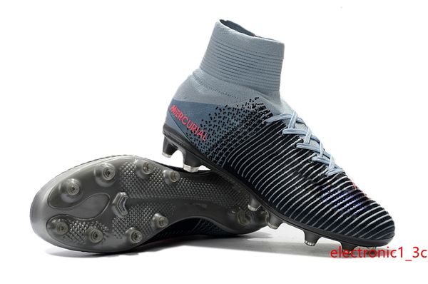 

100% original grey soccer cleats mercurial superfly fg/ag cr7 kids soccer shoes high ankle cristiano ronaldo womens football boots