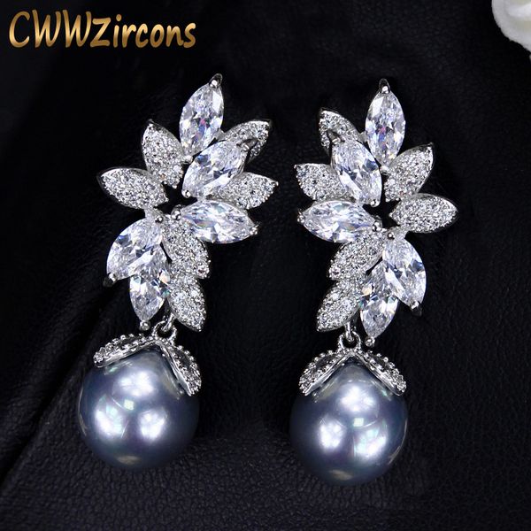 

cwwzircons shiny cubic zirconia setting leaf shape 925 silver dangling gray pearl drop earrings jewelry for women gift cz332