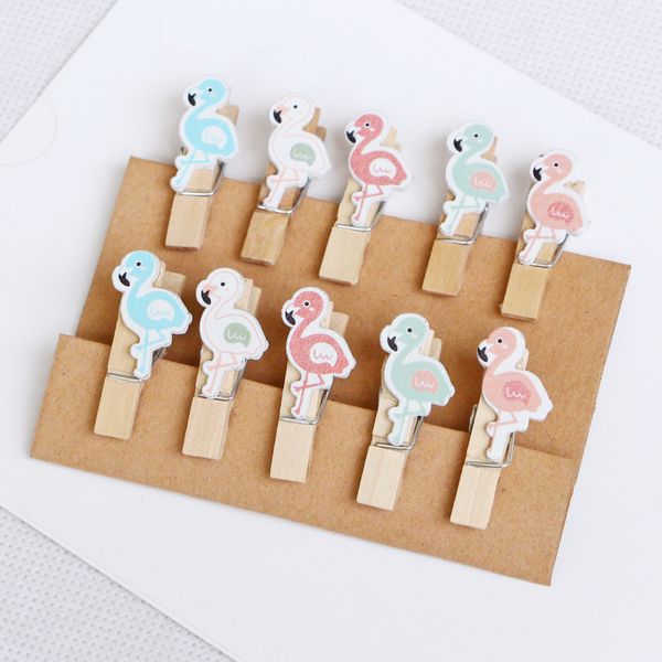 

10 pcs wood clips craft tools mini clothespins with flamingo pattern note memo message clips with rope 122137