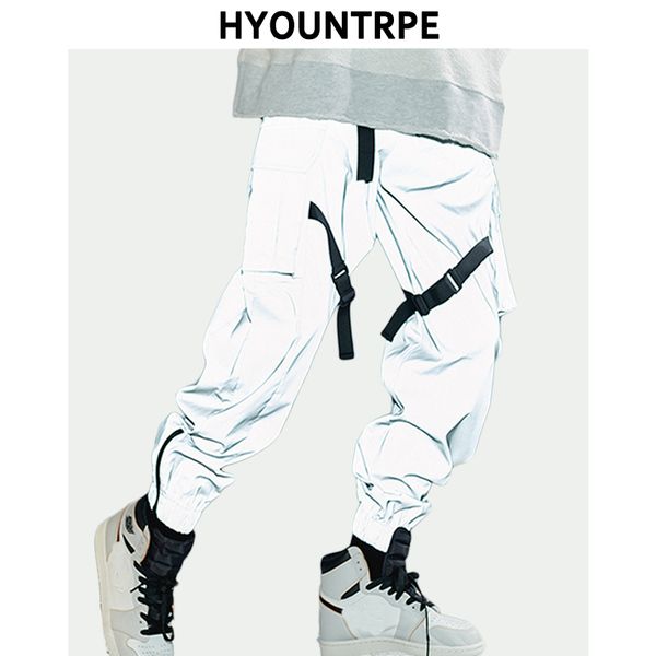 

men's pants reflective bright loose cargo for men hip hop sweatpants spring fashion high street sportswear ankle-length joggers, Black