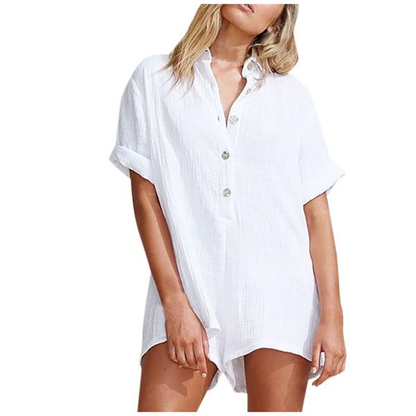 

women's t-shirt jaycosin women spring summer buttons lapel solid short sleeve wild easy female loose jumpsuit bodysuit 417, White