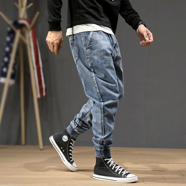 

fashion streetwear men jeans blue color loose fit spliced designer harem pants size 28-42 slack bottom hip hop joggers jeans men