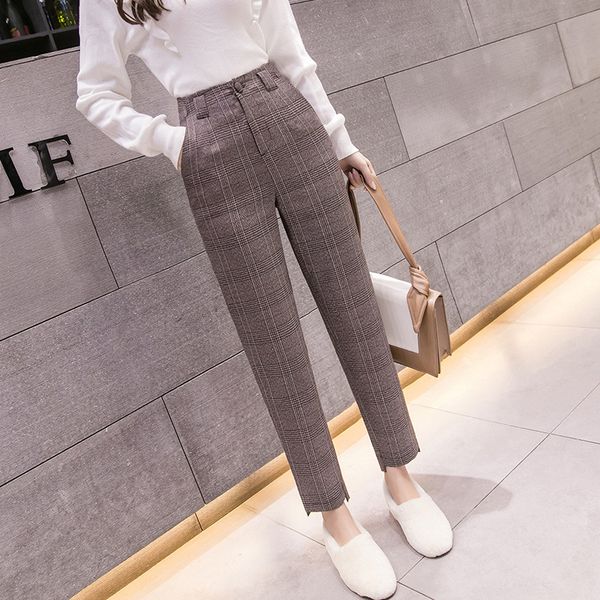 

s-2xl autumn winter plaid wool harem pants female 2020 ankle-length high waisted pants harem women plus trousers women, Black;white
