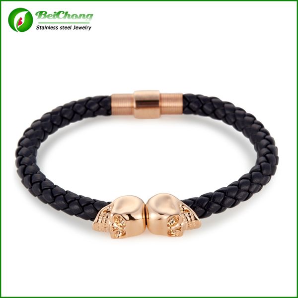 

bc jewelry selling fashion mens genuine leather braided northskull bracelets double skull bangle bc-002, Black