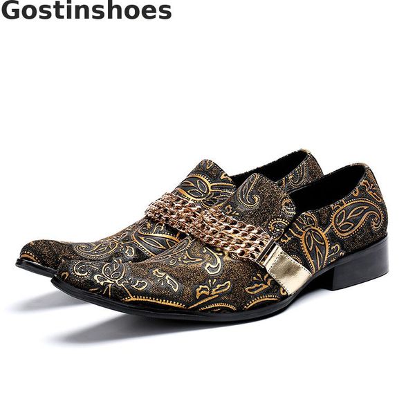 

men leisure leather shoes golden flowers printed men casual shoes chains decoration slip-on pointed toe loafers fashion, Black