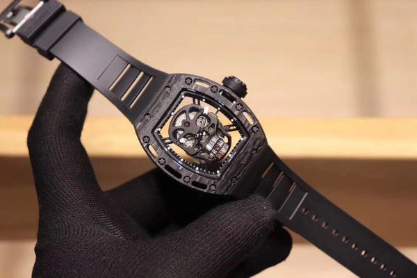 

men's professional sports watch 42mm hollow movement carbon fiber case automatic mechanical watch, luminous leather watchband watch, Slivery;brown