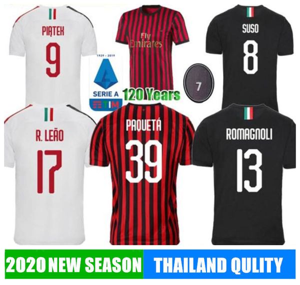 

19 20 soccer jersey romagnoli 120 years piatek suso football shirt r.leao mens uniforms kids kit paqueta soccer shirt milan calcio, Black