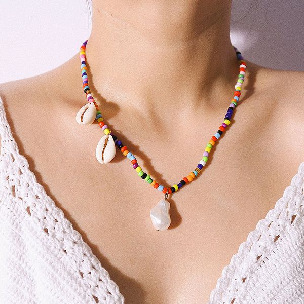 

bohemian pearl necklace women retro pendant choker boho jewelry colorful beads collier coquillage colgante accesorios mujer, Silver