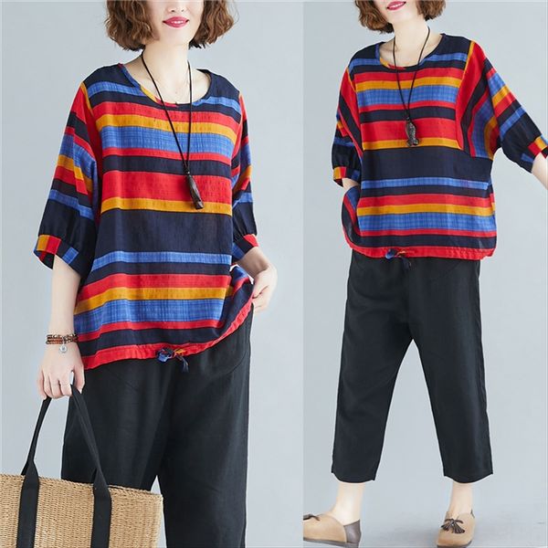 

summer 2020 contrast color striped and cotton linen t-shirt cotton linen artistic loose slim large size t-shirt female, White