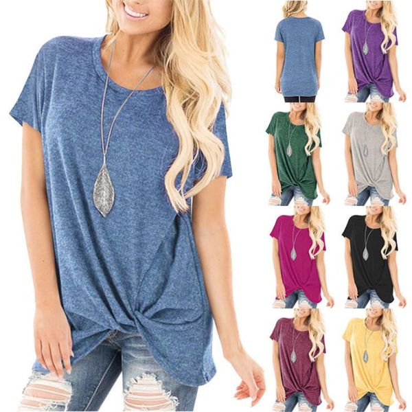 

women round neck short sleeved shirt twist tie knot front knit tunic solid color casual loose t shirts, White