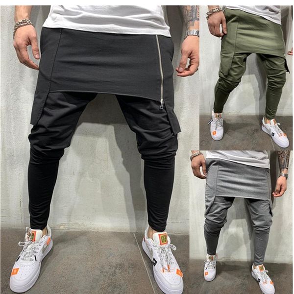 

men's pants men pencil trouser asymetric layered zipper jogger hip hop streetwear casual drawstring close bottom pant, Black