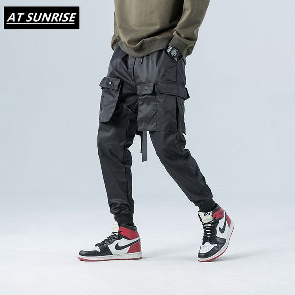 

men's pants 2021 sweatpants solid color men elastic waist drawstring multi-pocket cargo baggy high street style streetwear, Black