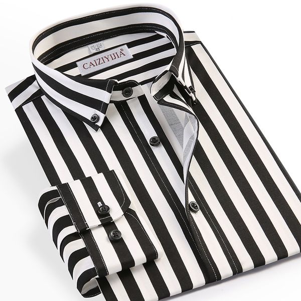 

men's vertical striped button down long sleeve dress shirts pocket-less design casual standard-fit semi-formal business shirt, White;black