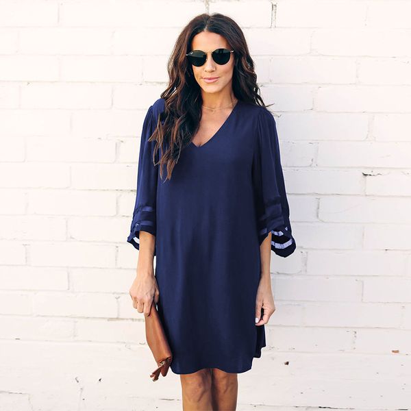 

new summer women fashion elegant geometric gauze ladies female plus large v-neck seven-quarter sleeve dresses, Black;gray