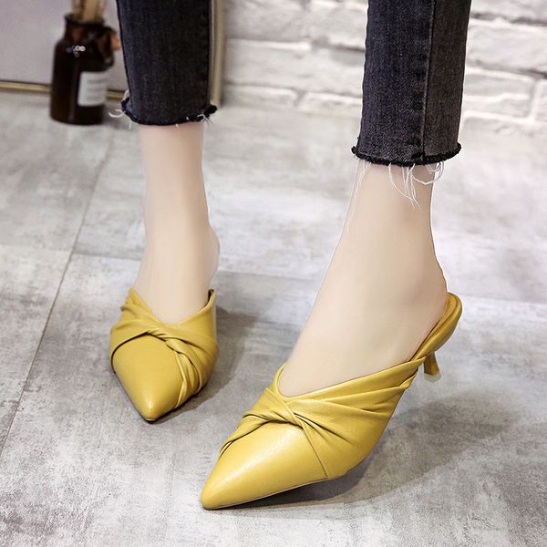 

pu leather pointed toe mules shoes women elegant stiletto heel closed toe slippers sandals summer shoes women party 2020, Black