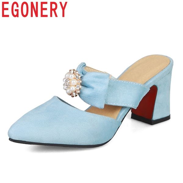 

egonery shoes women 2019 spring new fashion pointed toe flock women slippers outside high square heel bowtie pearl shoes, Black