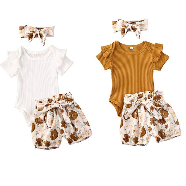 

pudcoco новорожденный сплошной цвет рукав ромпер цветов печати шорты bow headwear set дышащий комбинезон 6-24m, White