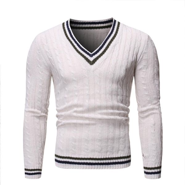 

missky autumn winter men sweater v-neck knitting sweater fashion college style stripe combiend color slim pullover male, White;black