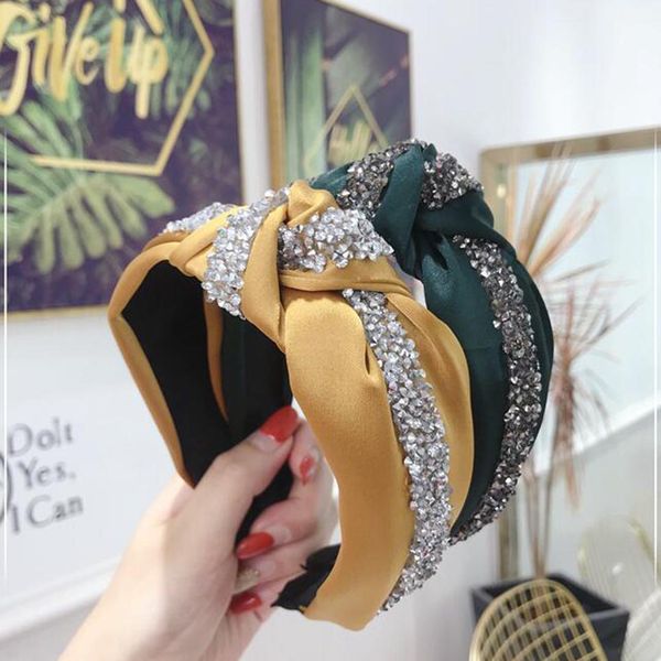 

new fashion rhinestone hairband women solid wide side headband middle knot turban girls autumn winter hair accessories headwear