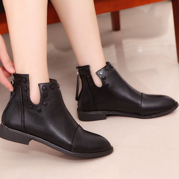 

cootelili fashion rivet ankle boots for women 2018 autumn winter zipper flat shoes woman black casual rubber boots women 35-39