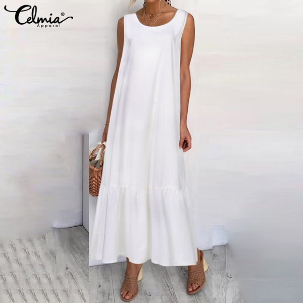 

plus size sundress 2019 celmia women summer sleeveless maxi long dress female casual loose solid maxi dress holiday vestido robe, Black;gray