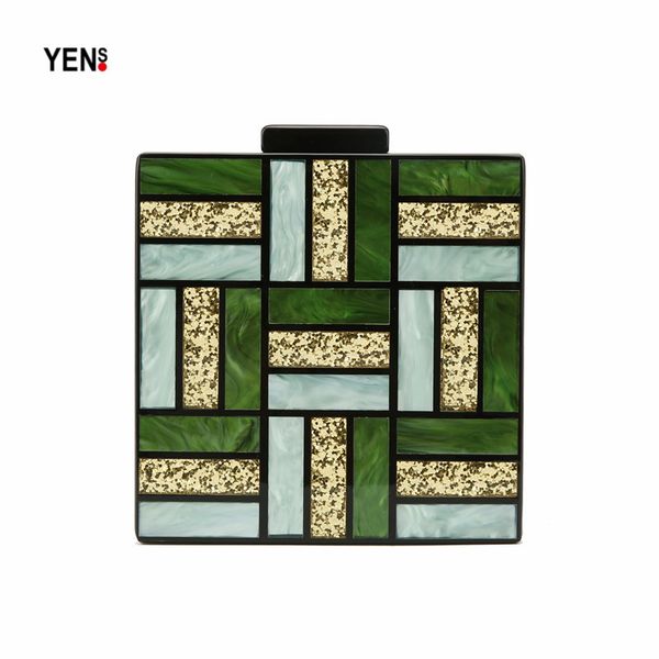 

new brand fashion women evening bag green gold plaid acrylic handbags luxury square party prom wedding bag casual vintage clutch