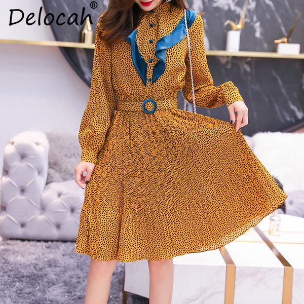 

delocah 2018 autumn women dress runway fashion designer lantern sleeve gorgeous ruffles leopard printed slim lady dresses, Black;gray