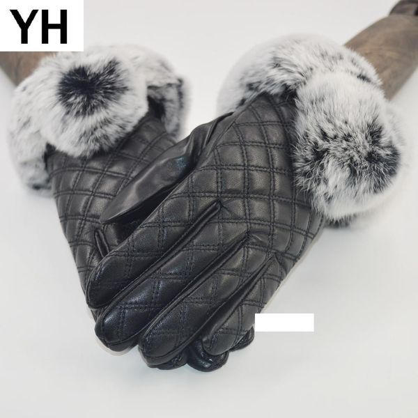 

2019 women real genuine sheepskin leather gloves rex fur gloves winter velvet windproof real sheepskin leather, Blue;gray