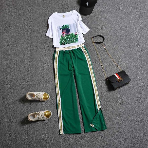 

new summer women suit autumn fashion 2 two piece set plus size print loose t-shirt and trousers sets causal female tracksuits, White