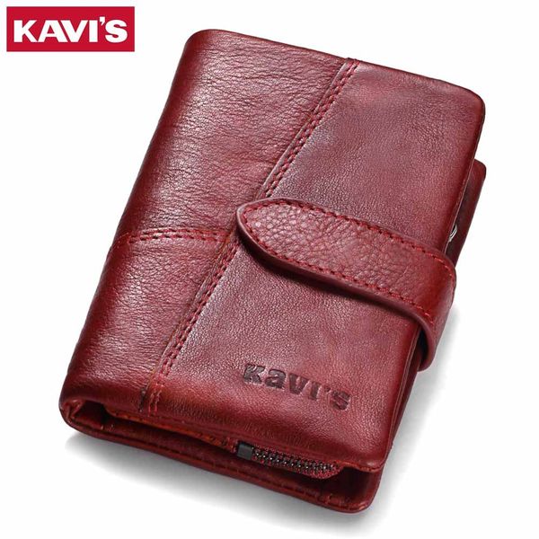 

kavis 2020 genuine leather women wallet and purses coin purse female small portomonee rfid walet lady perse for girls money bag, Red;black