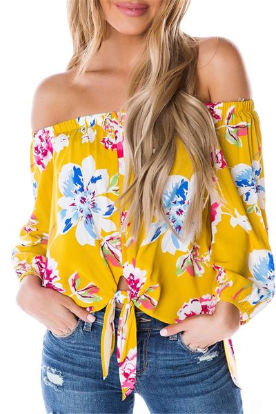 

2019 женщин с цветочным принтом с коротким рукавом 3/4 колокольчик с плеча перед галстук узел футболки топы блузка, White