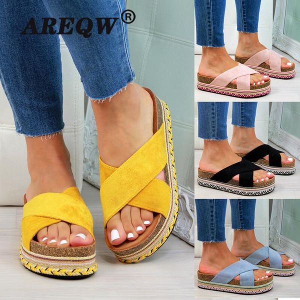 

2020 summer straw wedge heel platform sandals flat slippers cross belt europe and beach vacation women's shoes, Black