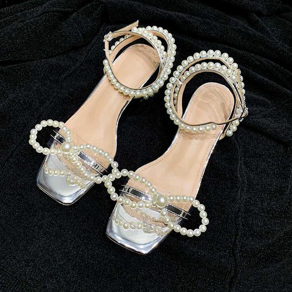 

silver leather women summer sandals pearl decor bowknot square high heels sandalias casual ankle strap summer shoes woman zapato, Black