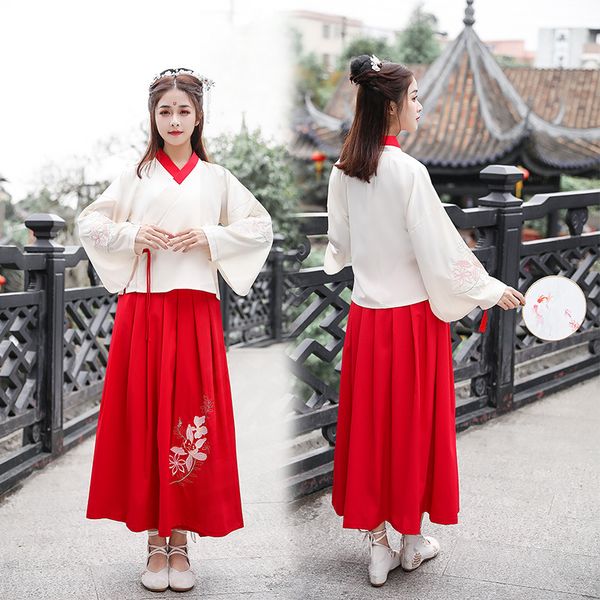 

2019 p shoot origional new style women's dress retro embroidered frog v-neck shirt + skirt chinese clothing set, Black;red