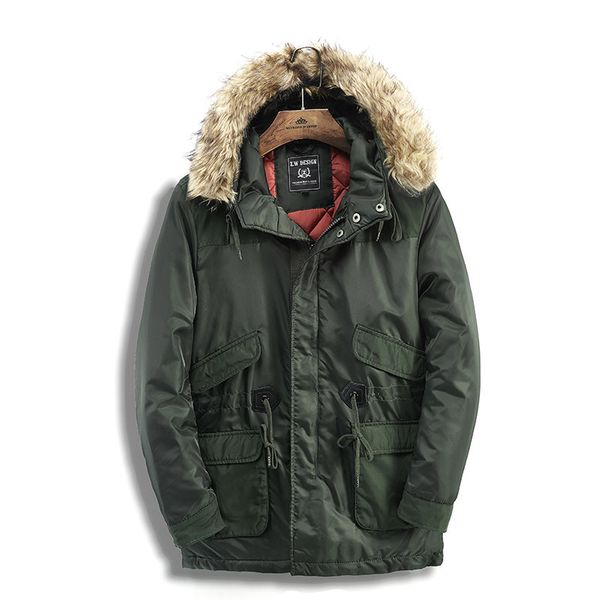 

men winter new warm fur collar long thick cotton casual parkas jacket coat men brand pockets outwear waterproof jacket parka, Black