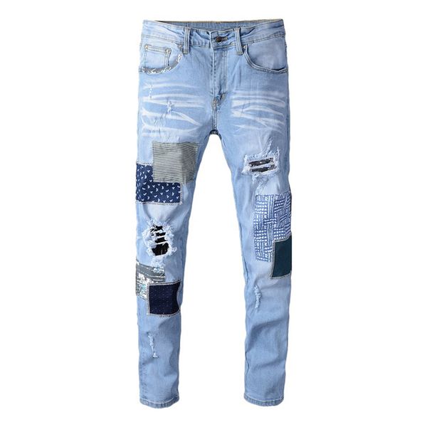 

men's patchwork ripped jeans light blue holes stretch denim pants patch design trousers high quality