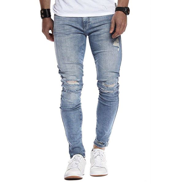 

men's skinny jeans 2019 super skinny jeans men's tear elastic denim pants elastic waist european style four seasons, Blue