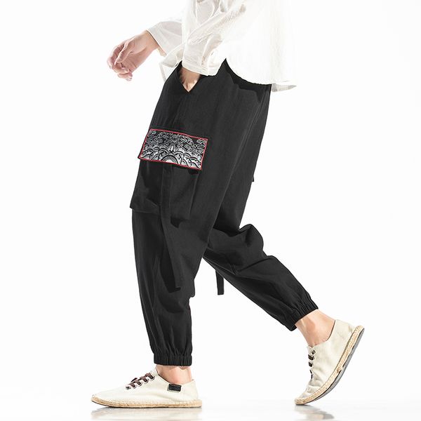 

januarysnow men big pockets plus size harem pants mens embroidery chinese style loose pants male casual autumn trousers, Black