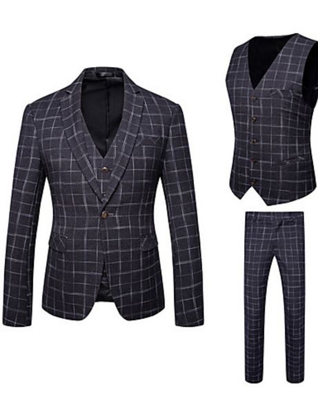 2019 Abiti a quadri neri Smoking da uomo alla moda da uomo 3 pezzi (giacca + gilet + pantaloni) Blazer formale da lavoro su misura